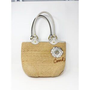 Coach Bleeker Natural Straw Woven Tote Handbag Floral‎ Detail Leather Trim Beige